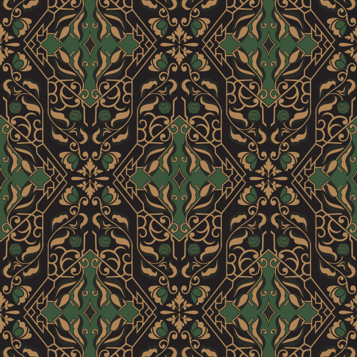 Artisan Florals Wallpaper showcases an ornate floral motif set within an intricate geometric framework in terracotta, gold, and slate blue tones.