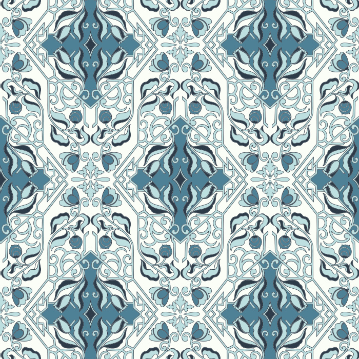 Artisan Florals Wallpaper showcases an ornate floral motif set within an intricate geometric framework in terracotta, gold, and slate blue tones.