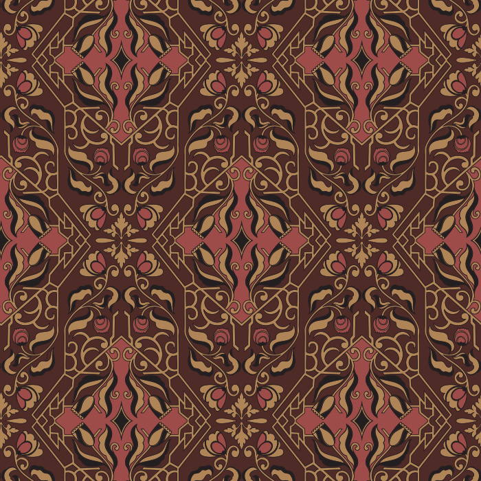 Artisan Florals Wallpaper showcases an ornate floral motif set within an intricate geometric framework in terracotta, gold, and slate blue tones.