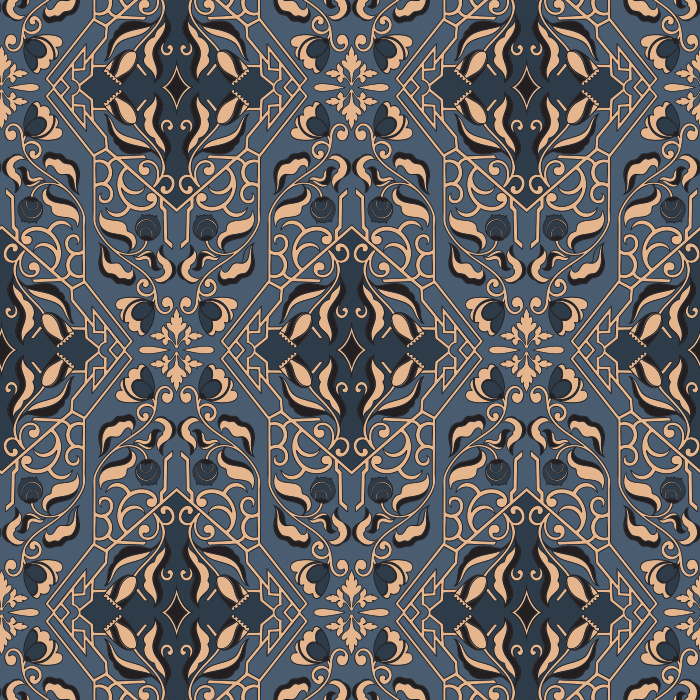 Artisan Florals Wallpaper showcases an ornate floral motif set within an intricate geometric framework in terracotta, gold, and slate blue tones.