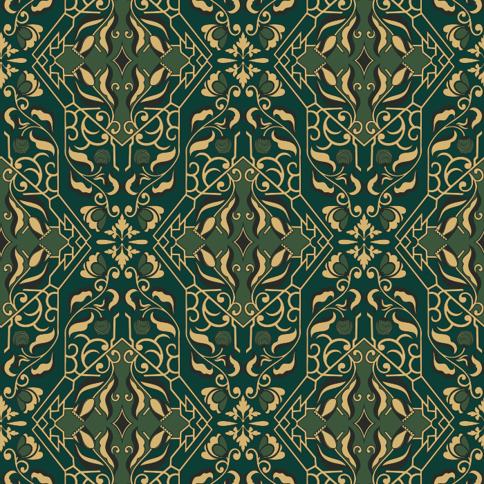 Artisan Florals Wallpaper showcases an ornate floral motif set within an intricate geometric framework in terracotta, gold, and slate blue tones.