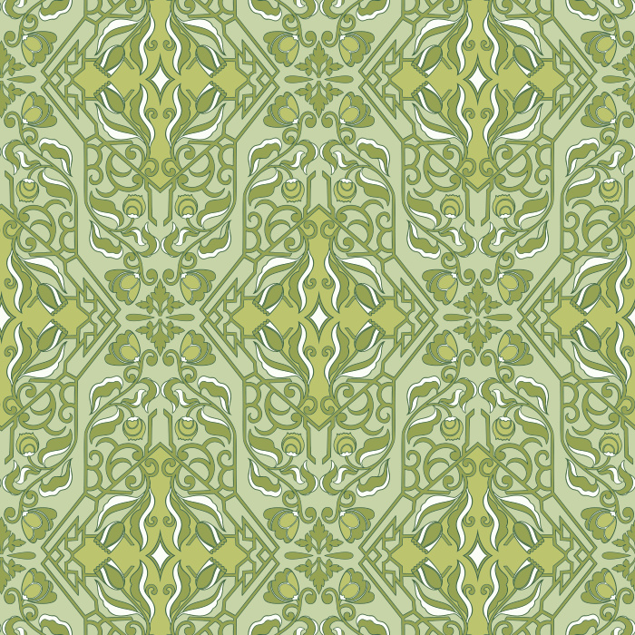 Artisan Florals Wallpaper showcases an ornate floral motif set within an intricate geometric framework in terracotta, gold, and slate blue tones.