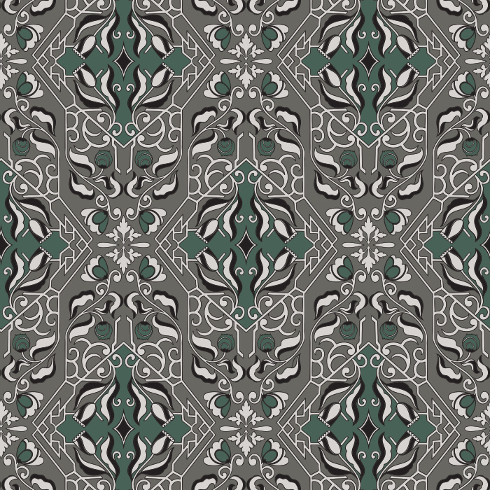 Artisan Florals Wallpaper showcases an ornate floral motif set within an intricate geometric framework in terracotta, gold, and slate blue tones.