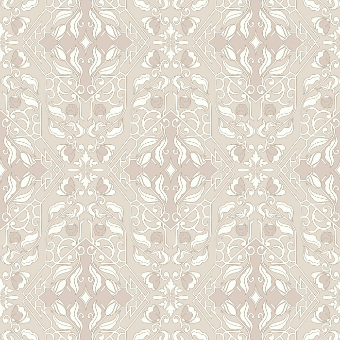 Artisan Florals Wallpaper showcases an ornate floral motif set within an intricate geometric framework in terracotta, gold, and slate blue tones.