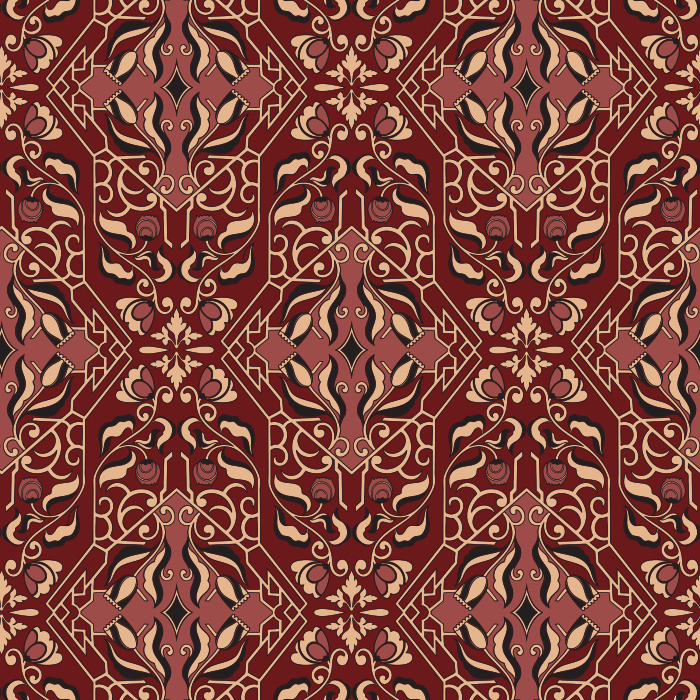 Artisan Florals Wallpaper showcases an ornate floral motif set within an intricate geometric framework in terracotta, gold, and slate blue tones.