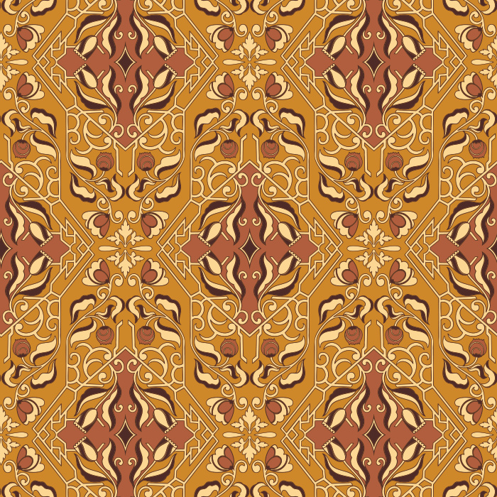 Artisan Florals Wallpaper showcases an ornate floral motif set within an intricate geometric framework in terracotta, gold, and slate blue tones.