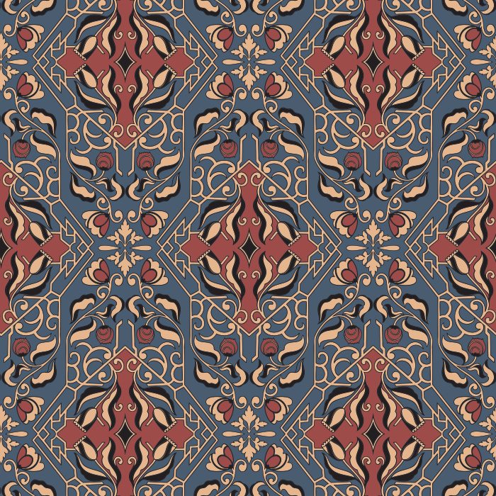 Artisan Florals Wallpaper showcases an ornate floral motif set within an intricate geometric framework in terracotta, gold, and slate blue tones.
