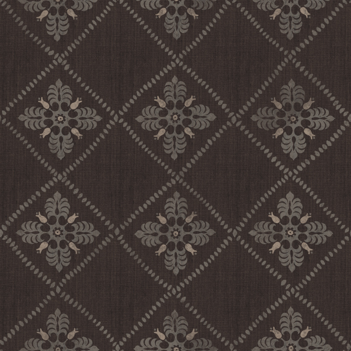 Merrivale Weave Wallpaper features a charming diamond-grid layout with delicate floral emblems in soft green and gold on a warm cream backdrop.