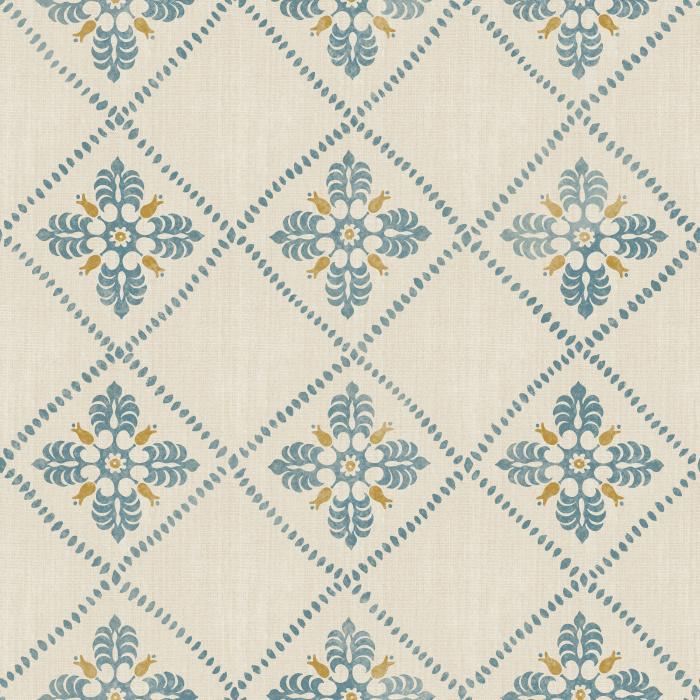 Merrivale Weave Wallpaper features a charming diamond-grid layout with delicate floral emblems in soft green and gold on a warm cream backdrop.