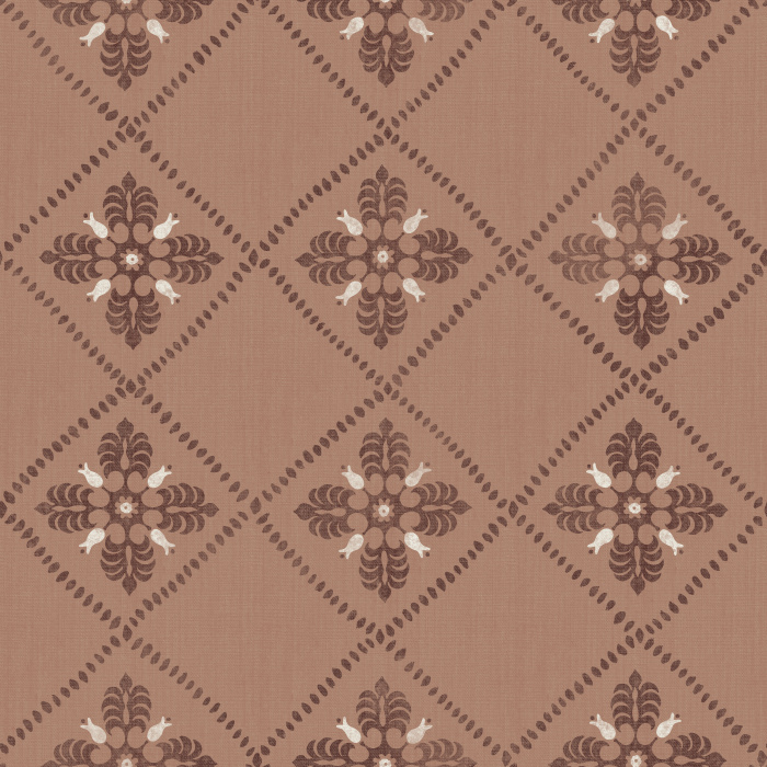 Merrivale Weave Wallpaper features a charming diamond-grid layout with delicate floral emblems in soft green and gold on a warm cream backdrop.