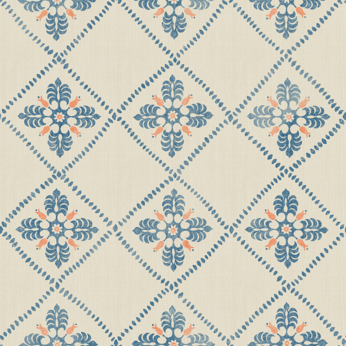 Merrivale Weave Wallpaper features a charming diamond-grid layout with delicate floral emblems in soft green and gold on a warm cream backdrop.