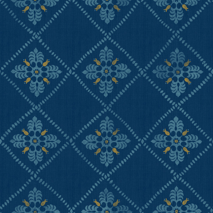 Merrivale Weave Wallpaper features a charming diamond-grid layout with delicate floral emblems in soft green and gold on a warm cream backdrop.