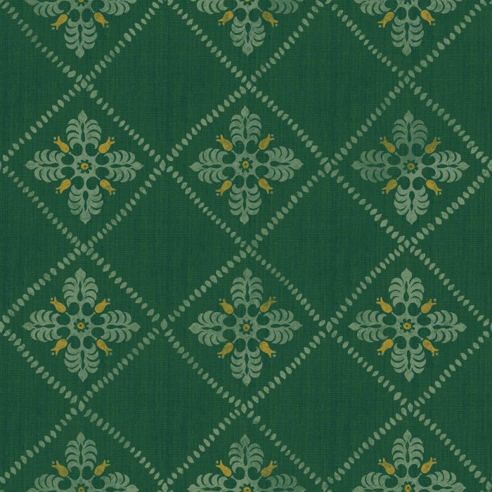 Merrivale Weave Wallpaper features a charming diamond-grid layout with delicate floral emblems in soft green and gold on a warm cream backdrop.