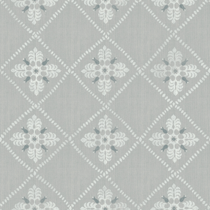 Merrivale Weave Wallpaper features a charming diamond-grid layout with delicate floral emblems in soft green and gold on a warm cream backdrop.