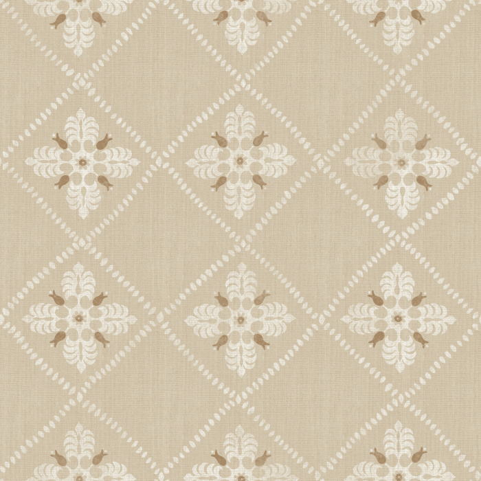 Merrivale Weave Wallpaper features a charming diamond-grid layout with delicate floral emblems in soft green and gold on a warm cream backdrop.