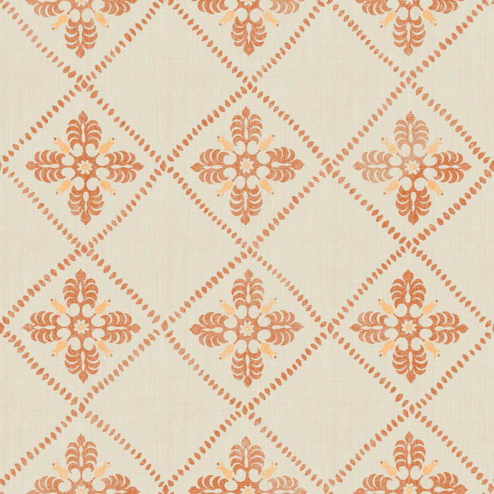 Merrivale Weave Wallpaper features a charming diamond-grid layout with delicate floral emblems in soft green and gold on a warm cream backdrop.