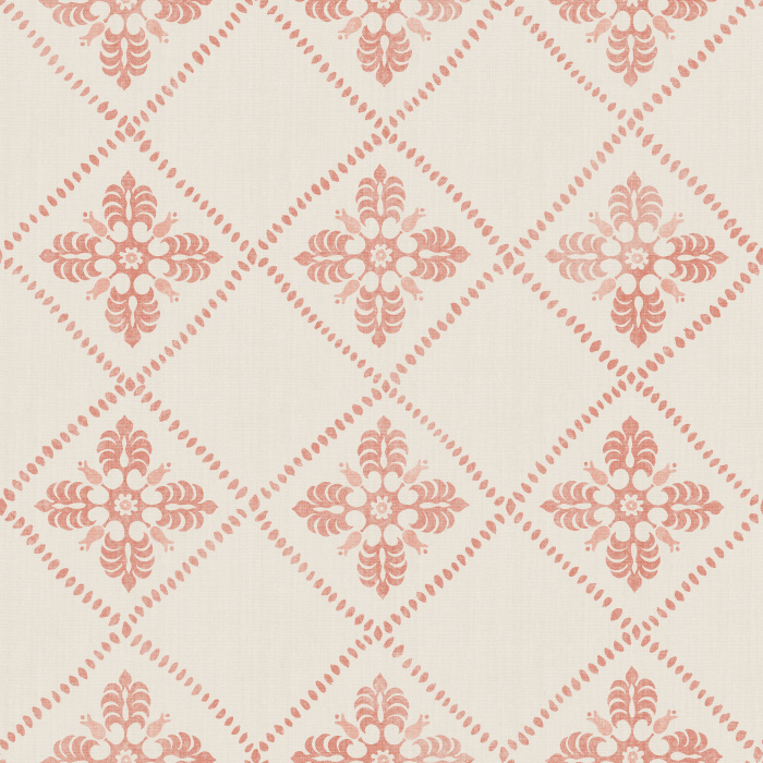 Merrivale Weave Wallpaper features a charming diamond-grid layout with delicate floral emblems in soft green and gold on a warm cream backdrop.