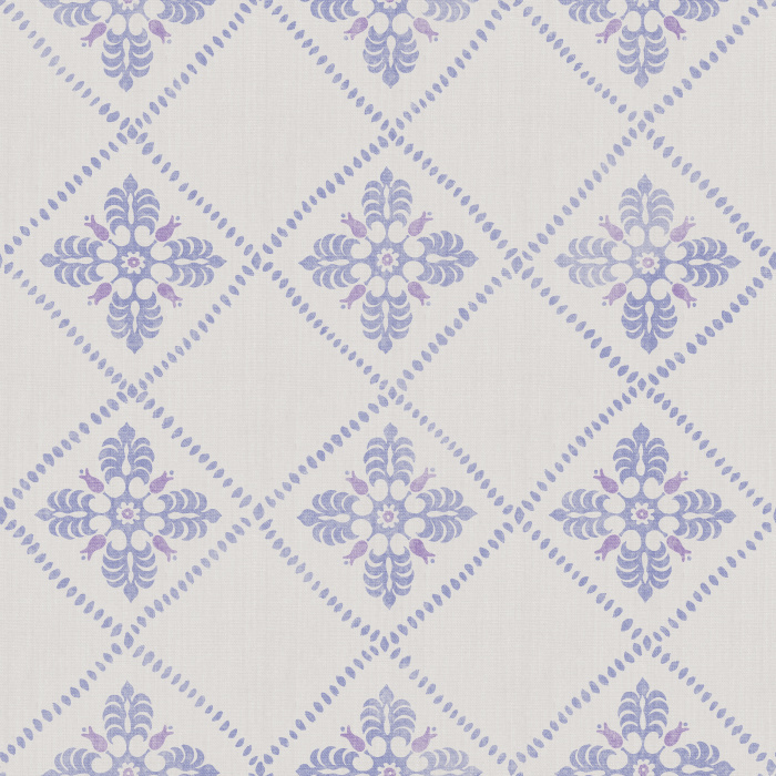 Merrivale Weave Wallpaper features a charming diamond-grid layout with delicate floral emblems in soft green and gold on a warm cream backdrop.