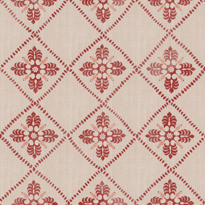 Merrivale Weave Wallpaper features a charming diamond-grid layout with delicate floral emblems in soft green and gold on a warm cream backdrop.