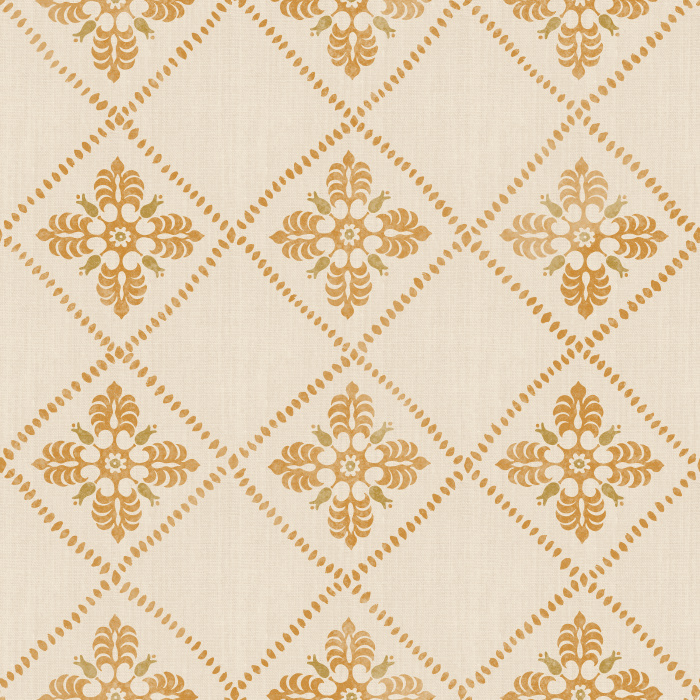 Merrivale Weave Wallpaper features a charming diamond-grid layout with delicate floral emblems in soft green and gold on a warm cream backdrop.