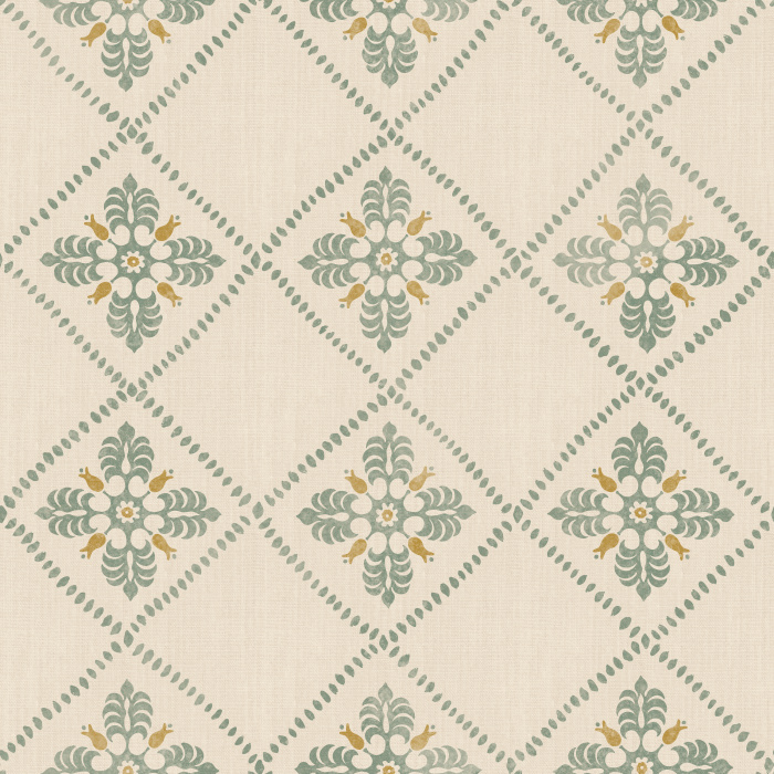 Merrivale Weave Wallpaper features a charming diamond-grid layout with delicate floral emblems in soft green and gold on a warm cream backdrop.