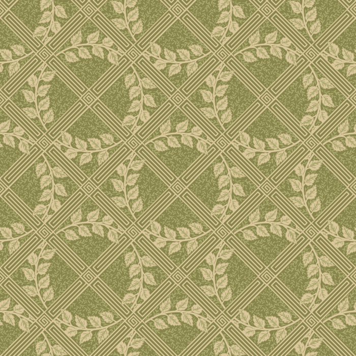 Vintage Lattice Wallpaper features a soft diamond grid with delicate leafy motifs in muted sage and cream for a subtle, heritage-inspired look.