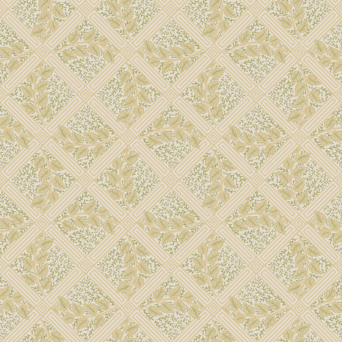 Vintage Lattice Wallpaper features a soft diamond grid with delicate leafy motifs in muted sage and cream for a subtle, heritage-inspired look.