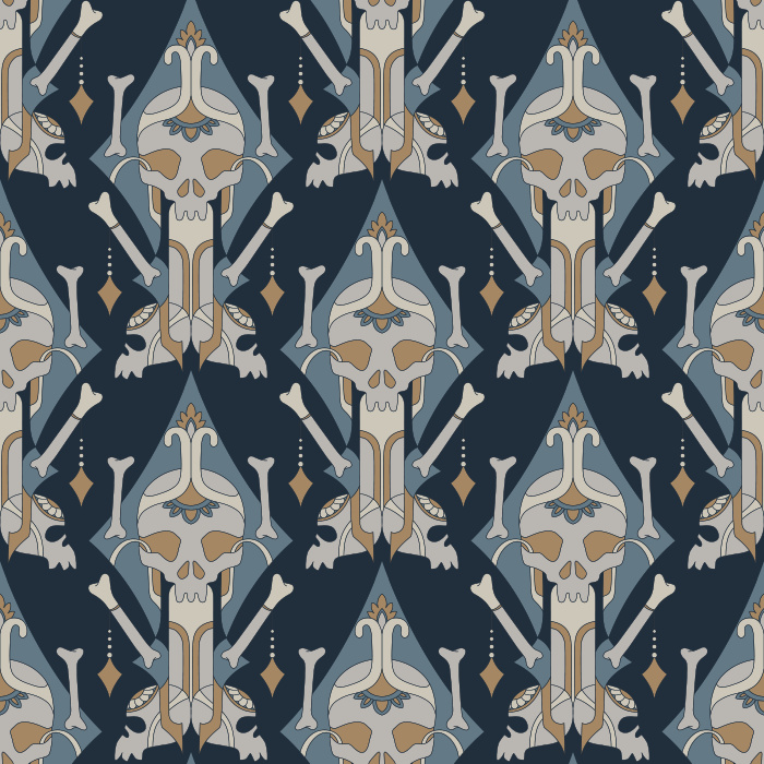 Make a dramatic statement with this Ornate Skull Wallpaper, a bold gothic pattern that blends intricate ornamentation with striking skull motifs.