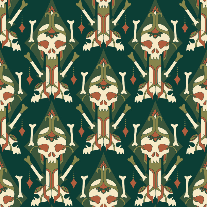 Make a dramatic statement with this Ornate Skull Wallpaper, a bold gothic pattern that blends intricate ornamentation with striking skull motifs.