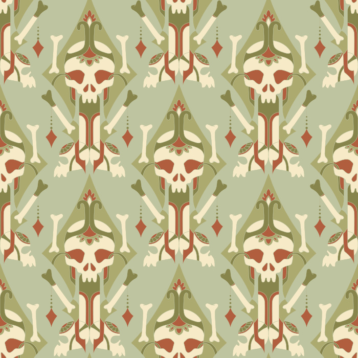 Make a dramatic statement with this Ornate Skull Wallpaper, a bold gothic pattern that blends intricate ornamentation with striking skull motifs.