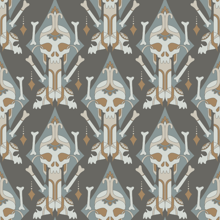 Make a dramatic statement with this Ornate Skull Wallpaper, a bold gothic pattern that blends intricate ornamentation with striking skull motifs.