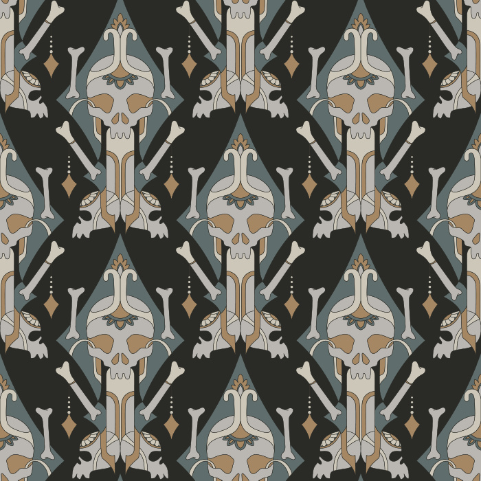 Make a dramatic statement with this Ornate Skull Wallpaper, a bold gothic pattern that blends intricate ornamentation with striking skull motifs.