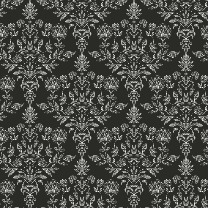 Introduce dramatic elegance to your space with this Nocturne Flora Wallpaper, a richly detailed botanical damask pattern inspired by vintage textile designs.