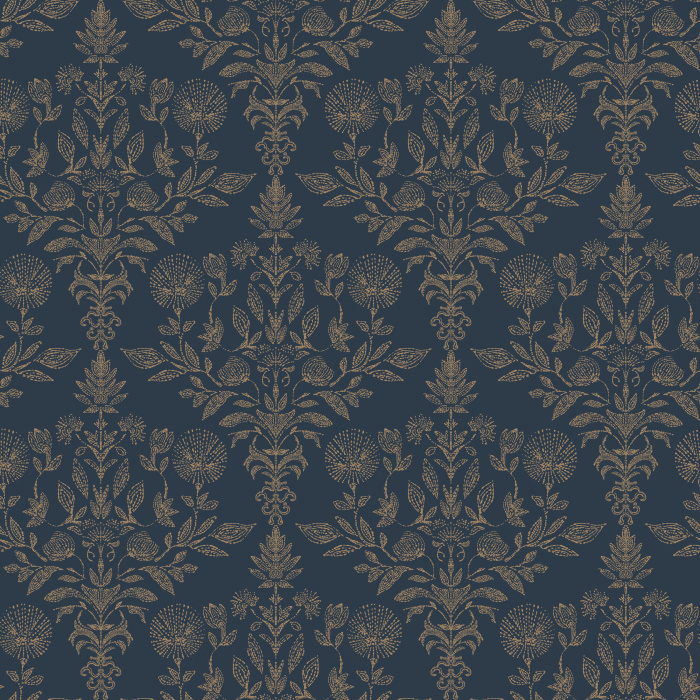Introduce dramatic elegance to your space with this Nocturne Flora Wallpaper, a richly detailed botanical damask pattern inspired by vintage textile designs.