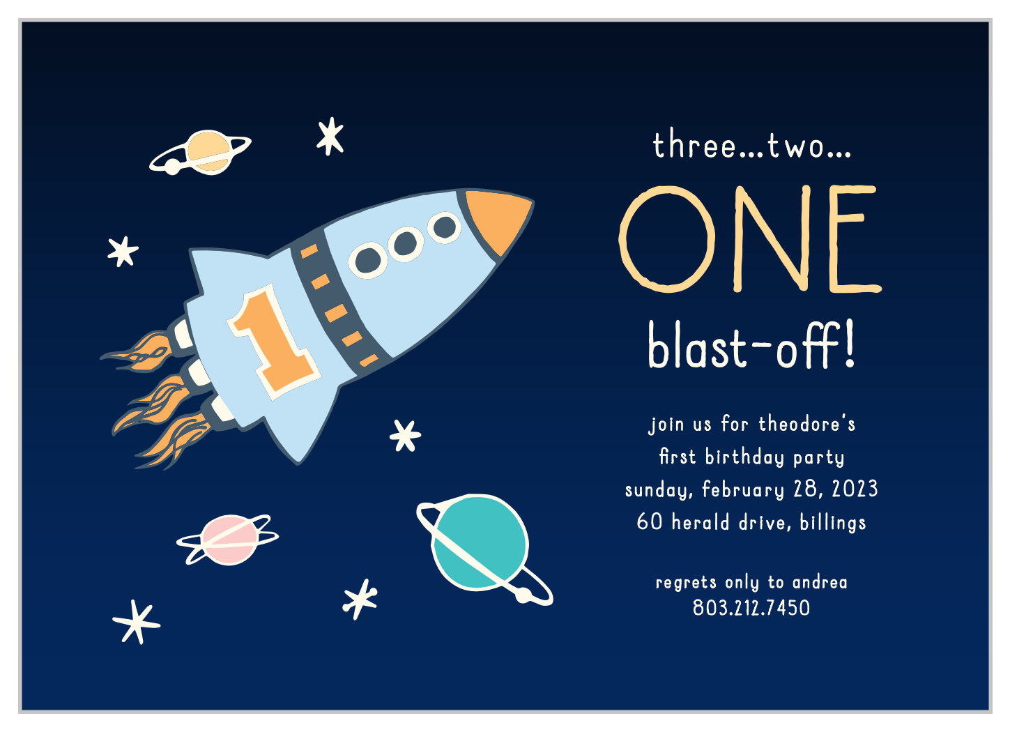 Spaceship Blast-Off First Birthday Invitations