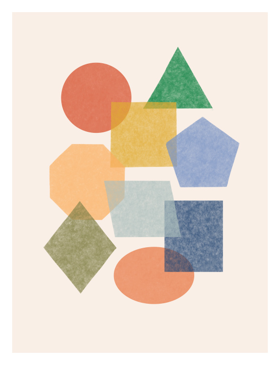 Add playful modern style to your space with this Geometric Shapes Art Print, a colorful abstract illustration featuring layered circles, triangles, squares, and polygons.