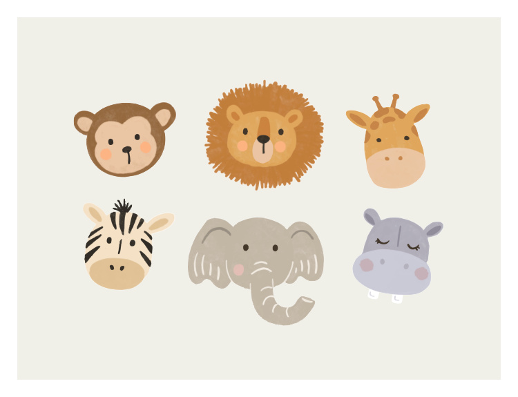 Bring playful wildlife charm to your walls with this Safari Faces Art Print, a sweet illustration featuring adorable safari animal faces in a soft, kid-friendly style.