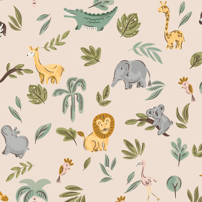 Create a playful jungle escape with this Hidden Jungle Wallpaper, a charming illustrated pattern filled with whimsical animals and leafy greenery.