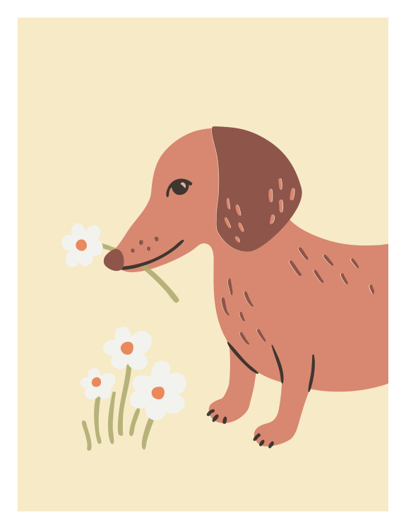 Add sweet charm to your space with this Daisy Dog Art Print, a delightful illustration featuring an adorable pup holding a daisy in its mouth.
