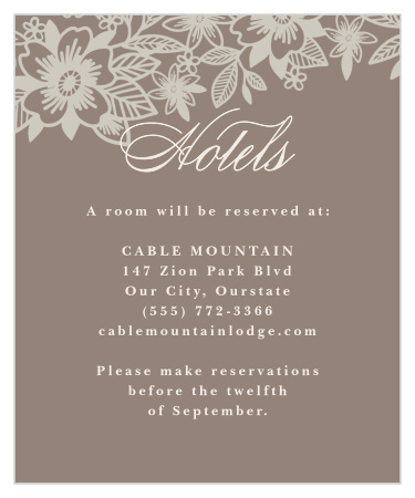 Recommend the best local hotel to out-of-town family and friends with our Elegant Lace Accommodation Cards.