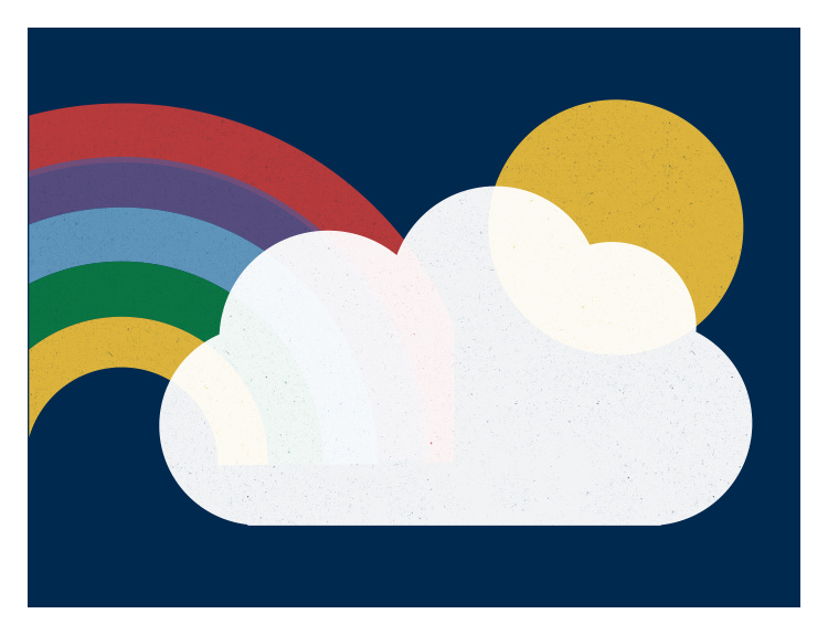 Brighten your space with this cheerful Rainbow Sun Art Print, featuring a bold retro rainbow, warm sunshine, and soft cloud illustration.