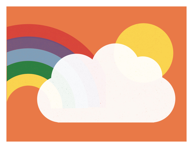 Brighten your space with this cheerful Rainbow Sun Art Print, featuring a bold retro rainbow, warm sunshine, and soft cloud illustration.