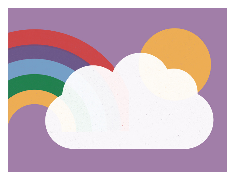 Brighten your space with this cheerful Rainbow Sun Art Print, featuring a bold retro rainbow, warm sunshine, and soft cloud illustration.