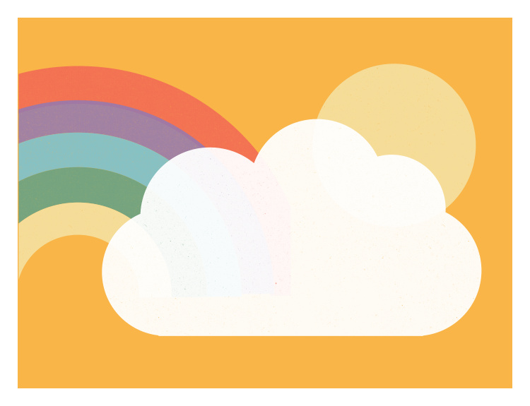 Brighten your space with this cheerful Rainbow Sun Art Print, featuring a bold retro rainbow, warm sunshine, and soft cloud illustration.