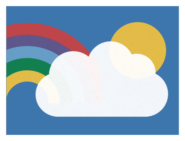 Brighten your space with this cheerful Rainbow Sun Art Print, featuring a bold retro rainbow, warm sunshine, and soft cloud illustration.
