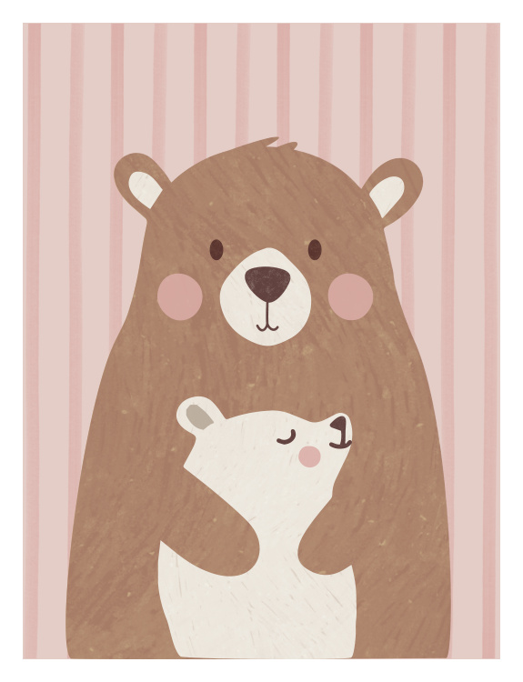 Create a warm and nurturing space with this Momma Bear Art Print, featuring a sweet illustration of a mother bear lovingly holding her cub against a soft striped background.