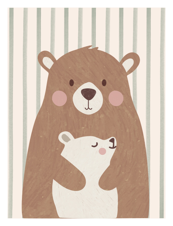Create a warm and nurturing space with this Momma Bear Art Print, featuring a sweet illustration of a mother bear lovingly holding her cub against a soft striped background.
