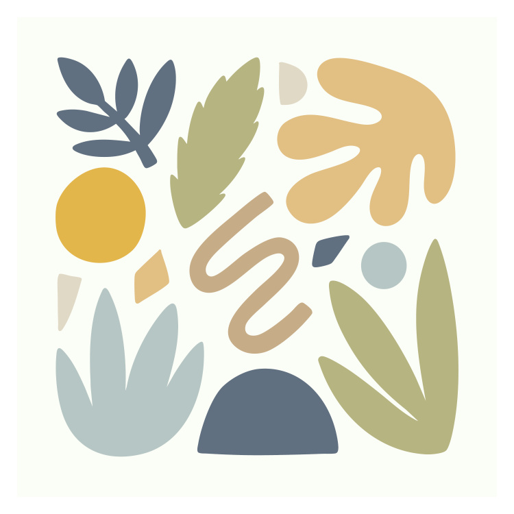 Elevate your space with this Arranged Shapes Art Print, a modern abstract composition featuring organic shapes and botanical-inspired forms in a soothing, earthy color palette.