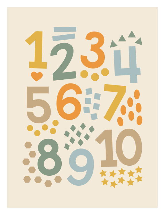 Make learning numbers fun and engaging with this Counting Shapes Art Print, featuring numbers 1 through 10 paired with playful shapes and patterns in soft, modern colors.