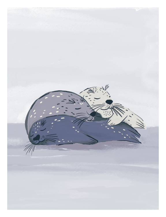 Create a calm and cozy atmosphere with this Seals Nap Wallpaper, featuring an adorable illustration of sleeping seals resting peacefully in soft ocean tones.